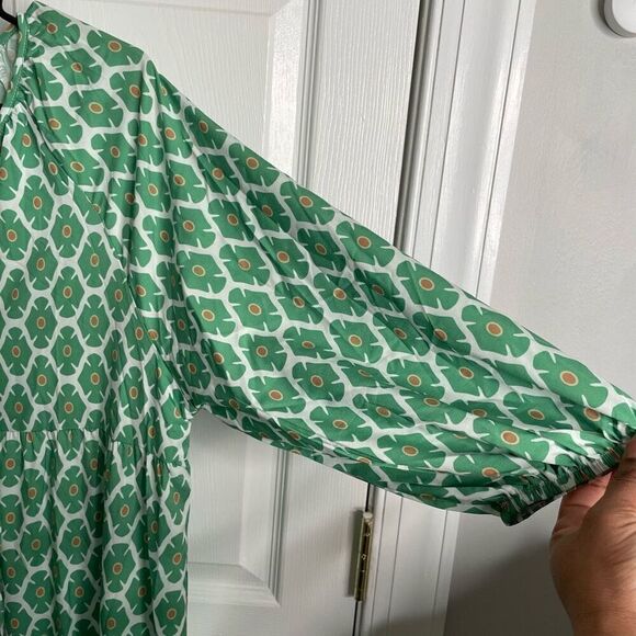 Retro Womens Maxi Dress L Green Geometric Fleur Tiered Skirt 3/4 Sleeve Vacation - Picture 3 of 5